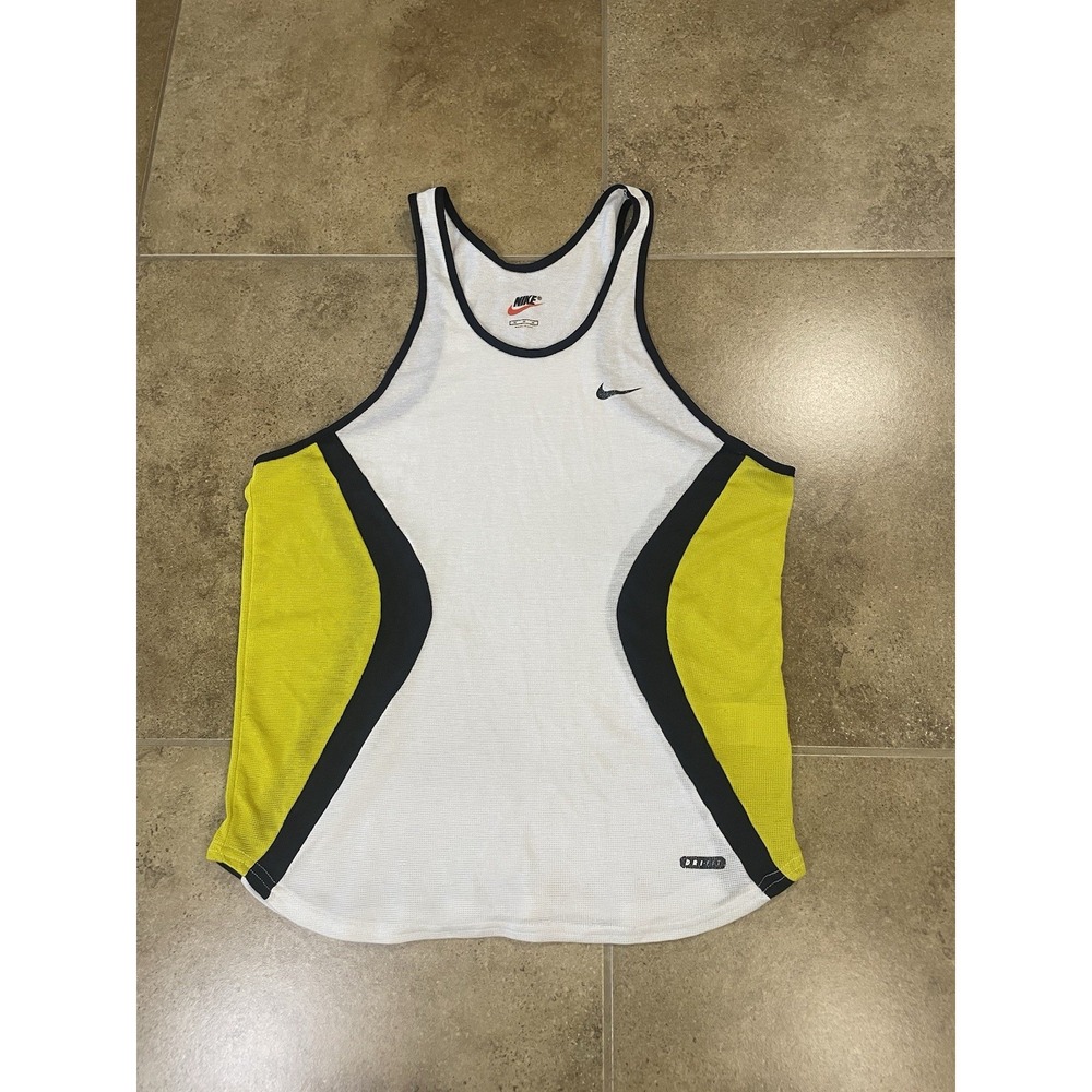 Vtg 80s Nike Mens Sz M White Yellow Mesh Gym Running Singlet Tank Top USA Made